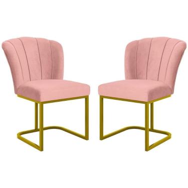 Imagem de Kit 2 Cadeiras Poltrona Flor Pés Metal Dourado Mesa Quarto Cozinha Rosa