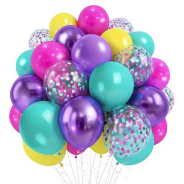 Imagem de Conjunto de balões rosa, azul, roxo, 60 pacotes, 30 cm, rosa choque, metálico, roxo, azul-petróleo, amarelo, balões de confete para crianças, tema mágico, decoração de aniversário, chá de bebê