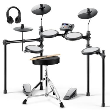 Imagem de Donner Kit de bateria elétrica DED-70 para crianças, conjunto de bateria eletrônica com 150 sons, 4 almofadas de malha silenciosas, pratos de 23 cm, 2 pedais, USB MIDI, trono, fones de ouvido, bastões