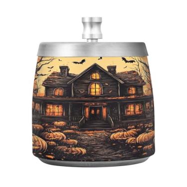 Imagem de Qilmy Cinzeiro de aço inoxidável para Halloween Pumpkin Castle com tampa - Cinzeiro de cigarro à prova de vento sem cheiro sem fumaça para casa, escritório, carro, pátio, varanda (uso interno e