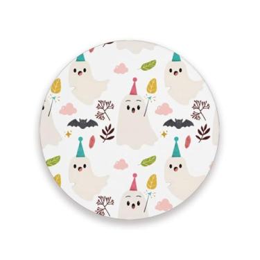 Imagem de JUZIHAI Conjunto de 2 porta-copos de festa de Halloween fantasmas, porta-copos redondos de pedra de cerâmica absorvente de 9 cm com base de cortiça, tapete de proteção de mesa para cozinha, bar