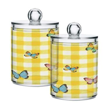 Imagem de Qilmy Pacote com 2 unidades de suporte Qtip de borboleta amarela guingão, frascos de boticário de 400 ml, vasilha organizadora de banheiro para cotonetes, bolas de algodão, almofadas de maquiagem, fio