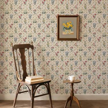 Imagem de Cabbrix Papel de parede vintage descasque e cole papel de parede floral 43 cm x 203 cm Boho neutro papel de parede vinil impermeável autoadesivo para decoração de armário de quarto