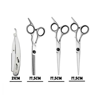 Imagem de Kit Tesouras Profissionais para Barbeiro e Cabeleireiro, 6 Peças com Navalha Fio Laser, Prata, 17,5cm e 21cm, com Estojo