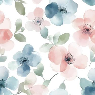 Imagem de VaryPaper Papel de parede floral em aquarela azul/rosa descasque e cole papel de contato floral boho para armários paredes papel de parede de flores bonito removível papel de parede mural de flores