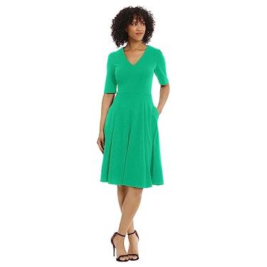 Imagem de Donna Morgan Vestido midi feminino stretch crepe manga cotovelo decote V ajuste e flare, Jade brilhante, 48