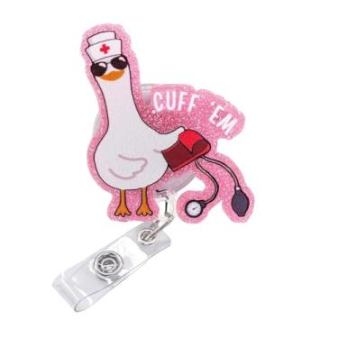 Imagem de Carretel de crachá de enfermeira engraçado - Cuff 'em porta-identidade retrátil fofo clipe de jacaré de acrílico 58 cm cordão brilhante presente para enfermeiras