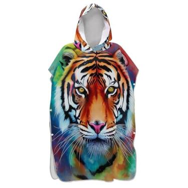 Imagem de TSENQUE Poncho de surfe trocador roupão adulto praia moletom toalha natação plus size masculino poncho com capuz tigre legal pintado colorido