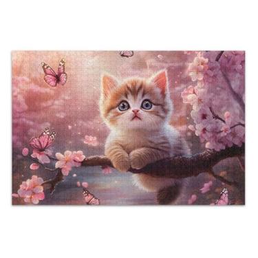 Imagem de Quebra-cabeça de gato fofo flor de cerejeira rosa 500 peças adultos família brinquedo arte personalizada colorido jogo de quebra-cabeça presentes tecnológicos, 51 x 35 centímetros