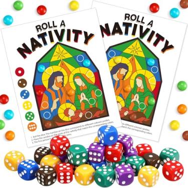 Imagem de Sotiff 30 Set Christmas Party Roll a Nativity Game Exchange Dice Game with 30 Nativity Jesus Cards 30 Rainbow Color Dices for Family Classroom Party Religious Xmas Decor School Activities