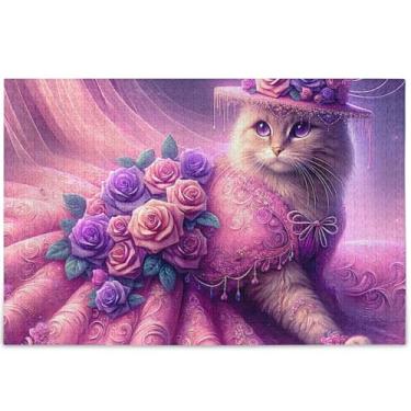 Imagem de Quebra-cabeça personalizado engraçado gatinho gato rosa 500 peças quebra-cabeça adulto engraçado legal exclusivo decoração de arte pintura, 52 cm x 37,8 cm