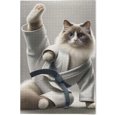 Imagem de Quebra-cabeças engraçados de karatê de gato personalizado, 500 peças para adultos, presentes de festa de elefante branco, quebra-cabeças difíceis, brinquedo artístico, 52 x 37,8 cm