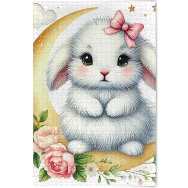 Imagem de Quebra-cabeça floral de coelho personalizado 500 peças para adultos amantes de elefantes brancos presentes quebra-cabeça cena de outono decoração de pintura animal, 52 cm x 37,8 cm
