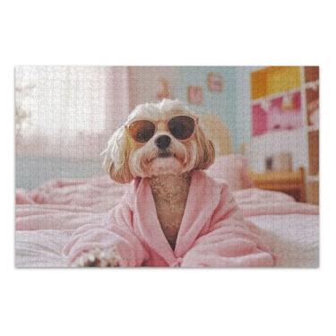 Imagem de Quebra-cabeça 500 peças para presentes de elefante branco adulto paisagem engraçada decoração de arte pintura moderna cachorro óculos de sol rosa, 51 x 35 centímetros