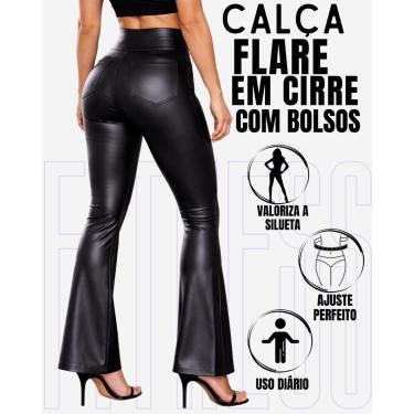 Imagem de Calça Flare Bailarina Em Cirre Imita Couro Com Bolsos Elegante Casual WOLFOX-Feminino