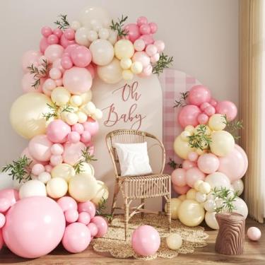 Imagem de Kit de arco de balão rosa e amarelo pastel rosa claro macaron amarelo rosa areia balões brancos para aniversário, chá de bebê, chá de panela, decorações de festa de casamento