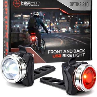 Imagem de Conjunto de luzes de bicicleta NP NIGHT PROVISION Optics 210 para frente e para trás USB recarregável LED Bike Lentes ópticas super brilhantes para usar como farol, capacete de luz, traseira (2 cabos USB, 4 tiras incluídas), Embalagem com 1