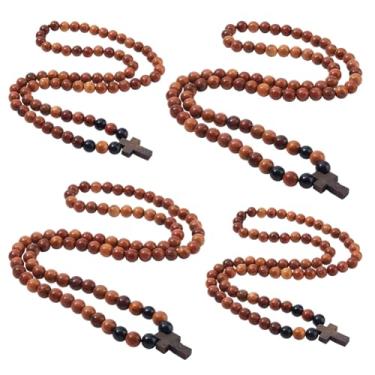 Imagem de DICOSMETIC 4 peças, 2 tamanhos, clássico, contas de madeira natural, colar com pingente de cruz para homens e mulheres, colar católico com contas de madeira 32/32,7 cm, colar de contas cristãs feito à