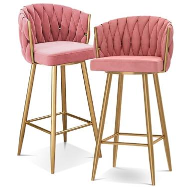 Imagem de Banquetas de bar giratórias modernas de 360°, cadeiras de cozinha estofadas com altura de bar de 1/2/3/4, 65/29,5 polegadas de altura de assento estofadas com pernas de aço e apoio para os pés, perna