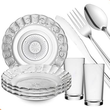 Imagem de Jogo de Jantar 20 Peças em Vidro e Aço Inox | 4 Pratos Estrela + 4 Copos Ohio + Talheres Inox | Mesa Posta Elegante para o Dia a Dia e Ocasiões Especiais