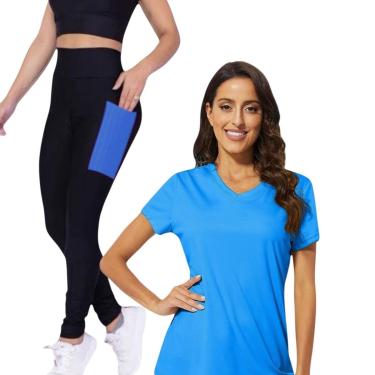 Imagem de Conjunto CAMISETA Blusinha DRY MALHA FRIA POLIAMIDA + Calça LEGGING BOLSOS Academia Fitnes 534-Feminino