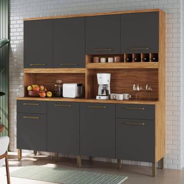 Imagem de Cozinha Compacta com 8 Portas e 2 Gavetas 200cm 100% Mdf Bruxelas Espresso Móveis Amêndoa/Cinza
