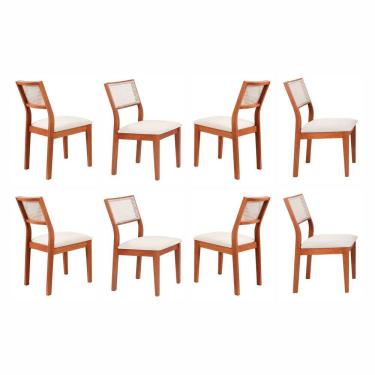 Imagem de Kit 8 Cadeiras Madeira Maciça com Estofado e Fibra Natural Rattan Maya Espresso Móveis Cinamomo/Off White