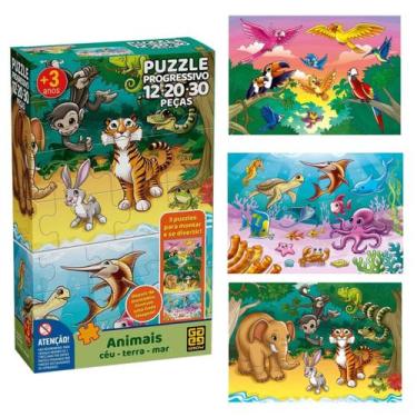 Imagem de Quebra Cabeça Puzzle 3 em 1 Animais Terra, Céu e Mar 12-20-30 Peças - 