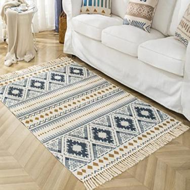 Imagem de Tapete de área de algodão boêmio com franja tecida tapete de porta geométrico com borla lavável à máquina tapete de chão para varanda cozinha sala de estar