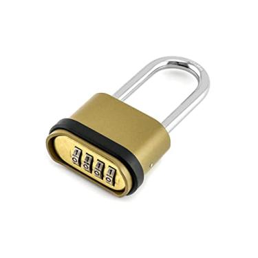 Imagem de QWORK Cadeado de combinação para uso externo resistente, combinação de 4 dígitos, cadeado longo com acabamento em latão para portão, cerca, caixa de ferramentas