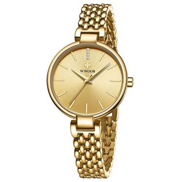 Imagem de Relógio feminino WWOOR de quartzo analógico com pulseira de malha de aço inoxidável à prova d'água e relógio de pulso casual feminino..., A1-Gold