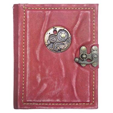 Imagem de Caderno de couro ornamentado Steam Punk – couro legítimo feito à mão – diário de couro vintage rústico feito à mão para homens e mulheres – caderno de bolso diário de couro, vermelho – 12 x 15 cm, 240 páginas