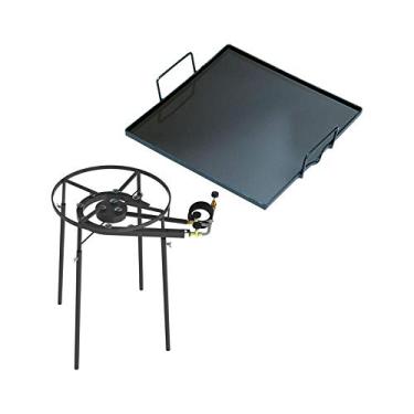 Imagem de KIT Camping 9 - Fogareiro Fogão F2B10P Redondo 40cm Duplo de Pé + Chapa Bifeteira 32cm - Progás