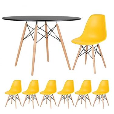 Imagem de Loft7, Kit - Mesa redonda Eames 120 cm preto + 6 cadeiras Eiffel Dsw Amarelo