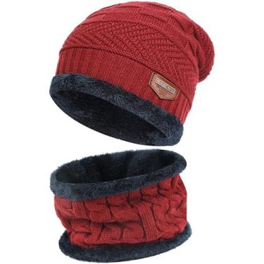 Imagem de Conjunto de 2 peças de gorro de inverno masculino, conjunto de cachecol de tricô quente, gorro grosso forrado com lã para inverno, cachecóis para homens e mulheres, Vermelho, One Size