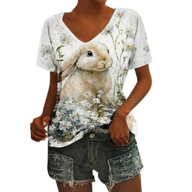 Imagem de PKDong Camisetas femininas de Páscoa, engraçadas, ovos fofos, estampa floral, Happy Easter Day, coelhinho, manga 2024, A03 cáqui, P