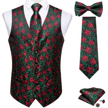 Imagem de DiBanGu Conjunto masculino de colete e gravata Paisley 6 peças pré-amarrado colete formal para smoking, Rosa verde vermelha, X-Large