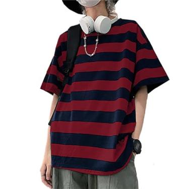 Imagem de LAVASEON Harajuku Camiseta listrada grande manga longa gola redonda casual combinando casal streetwear pulôver, P - vermelho, G