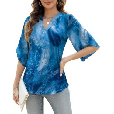 Imagem de LUYAA Blusas femininas de manga 3/4, gola V, casual, duas camadas, malha folgada, túnica, Estampa azul estrelada, M