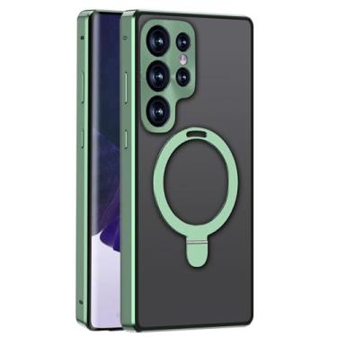 Imagem de TEETSY - Capa para Samsung Galaxy S24 Ultra Liga de Alumínio Adsorção Magnética Carregamento Sem Fio Anel Suporte Capa de Proteção para Câmera (Verde, S24 Ultra)