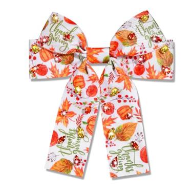 Imagem de Arcos de cabelo de outono para mulheres, meninas, Ação de Graças, presilhas de cabelo outono outono folha de bordo laços de cabelo de abóbora laranja joias fitas de cabelo Ação de Graças outono