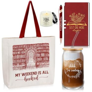 Imagem de Blushtier Conjunto de 5 presentes para amantes de livros, apreciação do professor, inclui copo de 473 ml com tampa vela perfumada de palha sacola de lona A6 diário com caneta esferográfica para