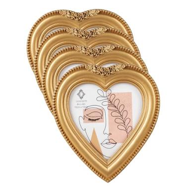 Imagem de Concepts Porta-retrato em forma de coração de resina com contas douradas 4 x 4 com vidro transparente HD, molduras para fotos extra duráveis - exibição de mesa