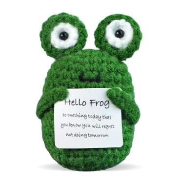 Imagem de leroyko Mini sapo positivo engraçado, boneca de pelúcia de crochê de suporte emocional com cartão de incentivo, presentes de aniversário para melhor amigo, sapo de malha positivo, presente de amigo