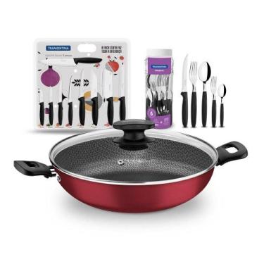 Imagem de KIT - Panela Wok Alumínio 28Cm + 1 Faqueiro 30pç + 1 Conjunto Facas 9p