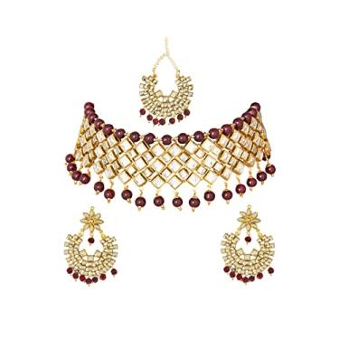 Imagem de Bodha Conjunto de colar de noiva com gargantilha de pérola tradicional banhada a ouro indiano com Tikka e brincos para mulheres, Latão, Sem pedras preciosas