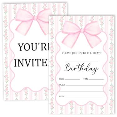 Imagem de Nopoben Cartões de convite de aniversário de laço rosa para meninas, convites de aniversário para adultos adolescentes suprimentos de festa de aniversário 20 peças cartões de convite de preenchimento