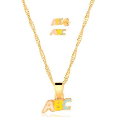 Imagem de Conjunto Infantil Banhado a Ouro 18K Colar Com Pingente e Brinco - ABC em Resina