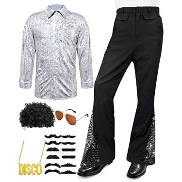 Imagem de 6 peças de roupa de discoteca masculina dos anos 70, retrô, calça de sino dos anos 80, camisas de manga curta, colar e bigode, óculos de sol, Prata, 2X-Large