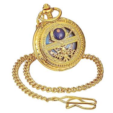 Imagem de ShoppeWatch Relógio de bolso masculino com corrente | Relógio de bolso vintage com corda manual | Relógio de bolso com movimento mecânico clássico | Acessório de fantasia Steampunk da estrada de ferro